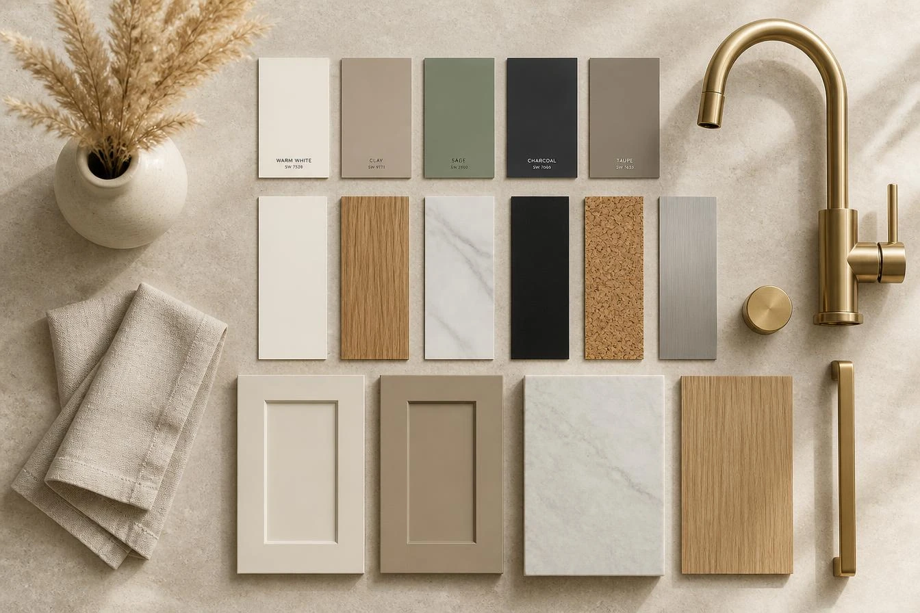 Interior design material mood board with painted cabinet samples, brass hardware, marble-look surfaces, wood and vinyl wrap swatches