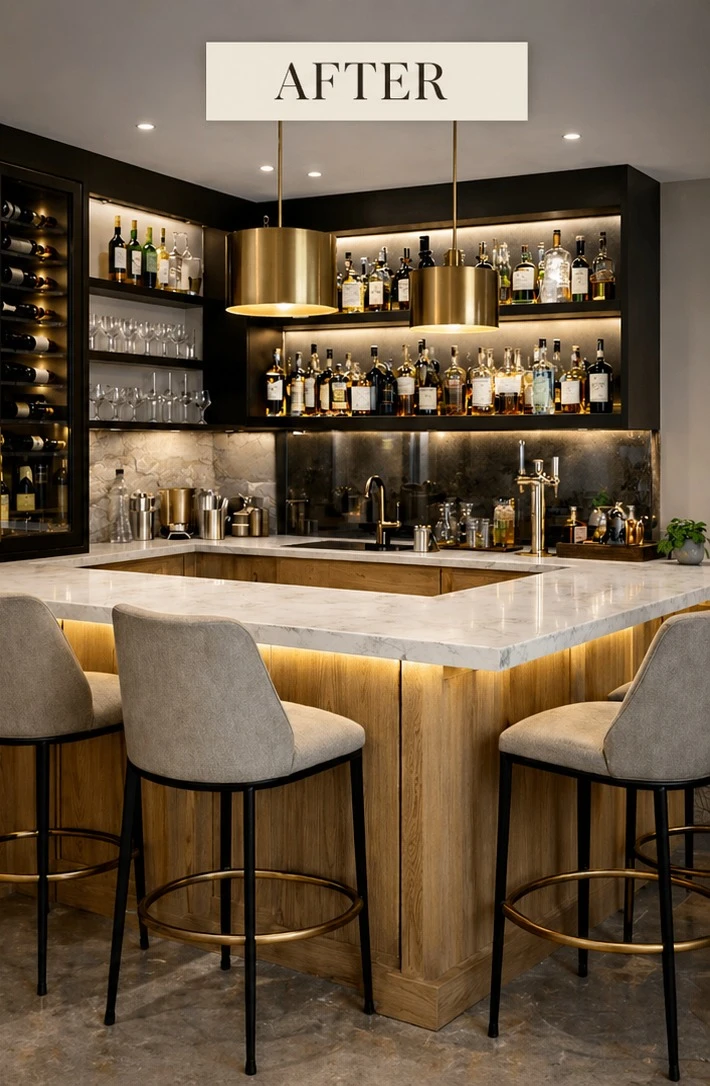 After — A compact bar reimagined with soft black shelving, a monocoated wood base, stone tops and a mirrored backsplash brushed with gold pendants.