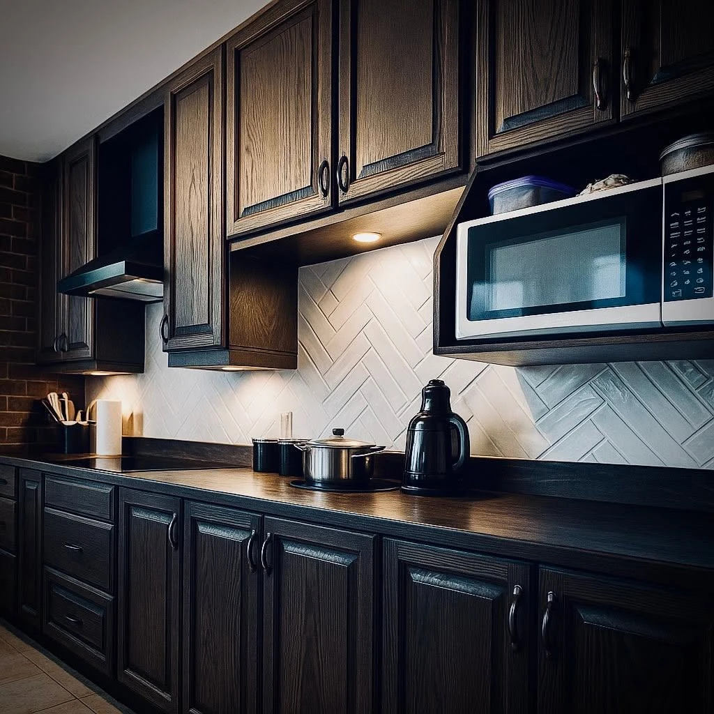After — Original cabinetry refinished in black monocoat, grounded by new stone tops and a crisp white herringbone backsplash.
