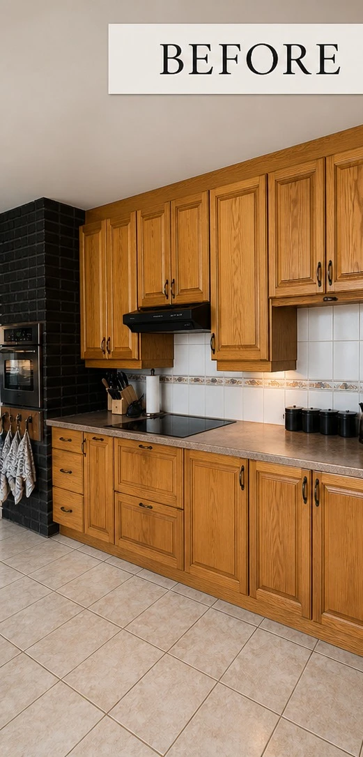 Before — Original cabinetry refinished in black monocoat, grounded by new stone tops and a crisp white herringbone backsplash.