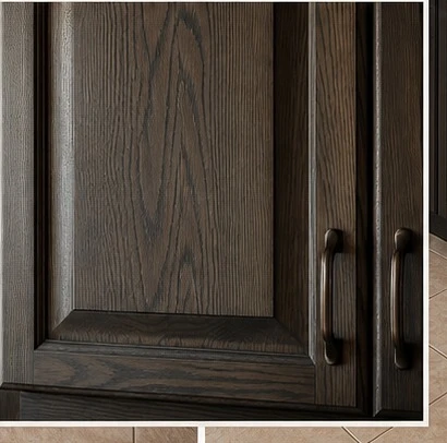 Detail — Original cabinetry refinished in black monocoat, grounded by new stone tops and a crisp white herringbone backsplash.