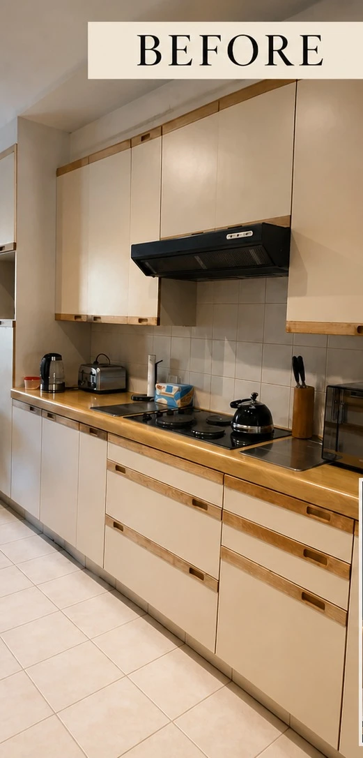 Before — Hand-painted cabinetry in soft grey, paired with a wood-panel backsplash, stone countertops and warm under-cabinet lighting.