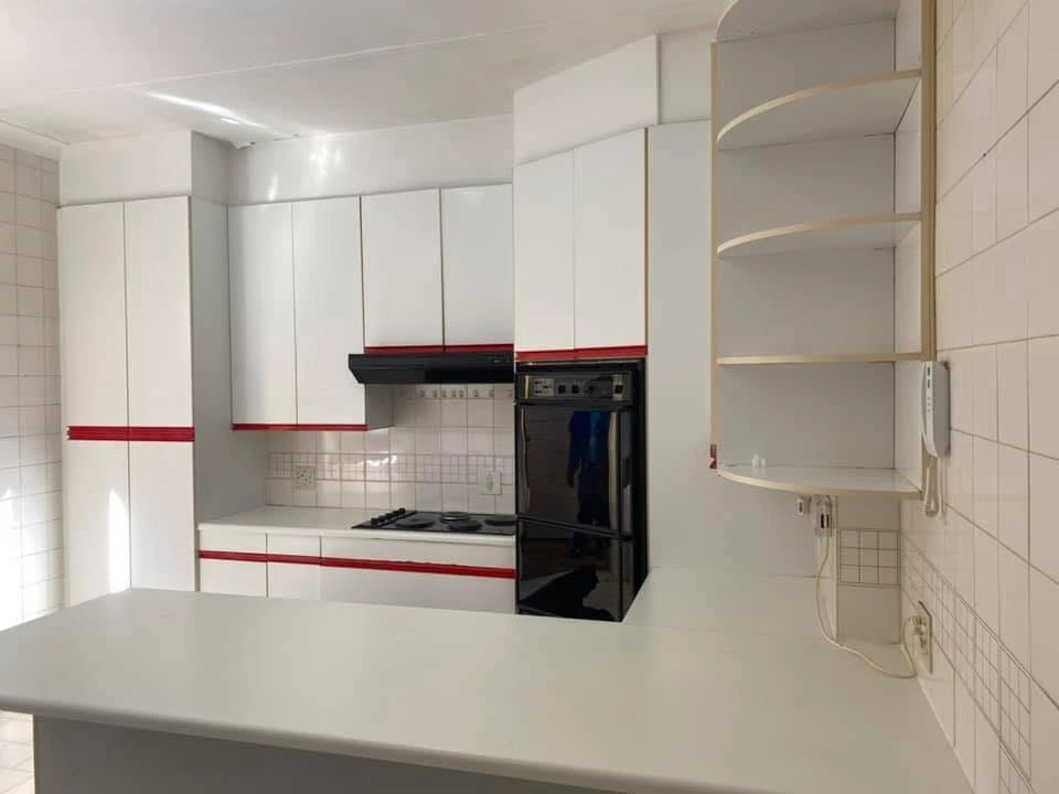 Before — Dated white melamine with red trim becomes a bold black and white kitchen. Warm timber counters, a graphic mosaic backsplash and a geometric cage pendant redefine the space without changing the layout.
